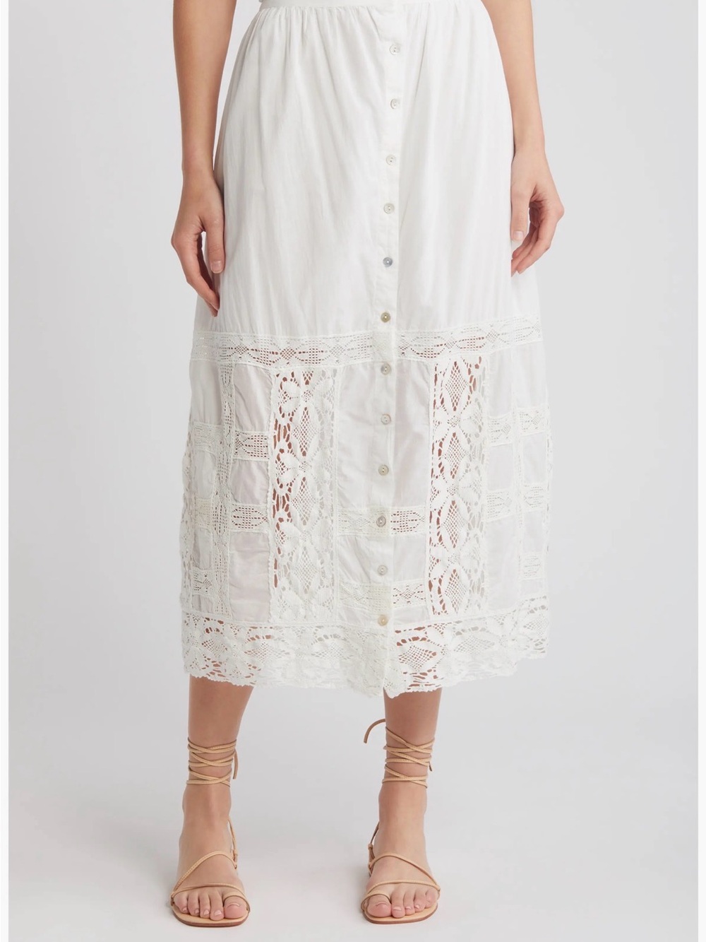 Cleobella Ivory Button-Front Lace-Trim Midi Skirt